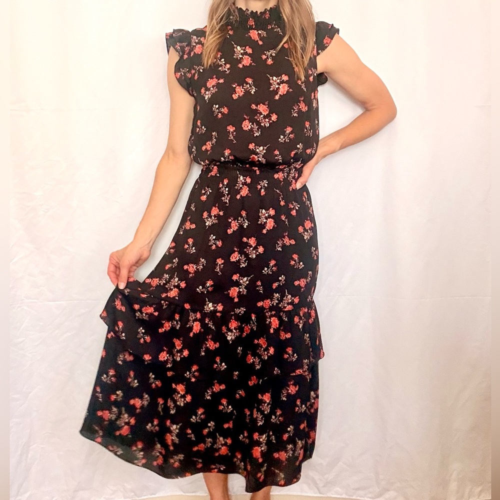 Saks Fifth Avenue High Neck Ruffle SleeveTiered Black and Red Floral Midi Dress